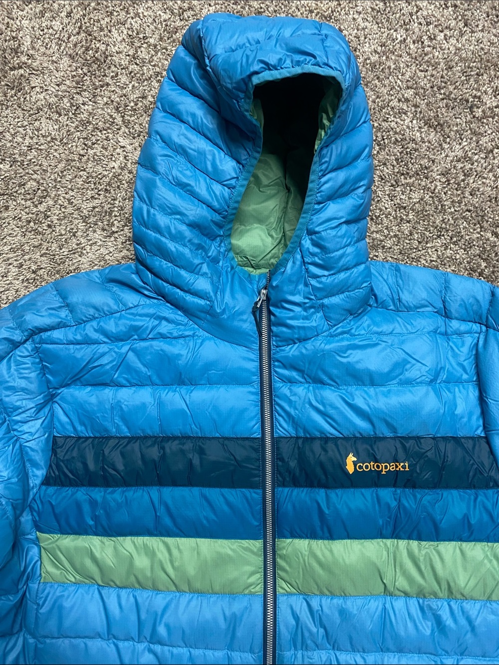 cotopaxi Blue Hooded Puffer Jacket Green and Navy Stripes Men’s Size 2XL - 1511 - Picture 3 of 15